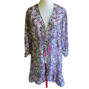 Blue Island Women's Kimono Beach Cover-up, Size Large Ruffled Floral Tassels‎